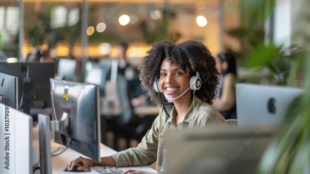 Aufkleber Office worker smiling at a computer while handling customer calls in a busy call center during the day