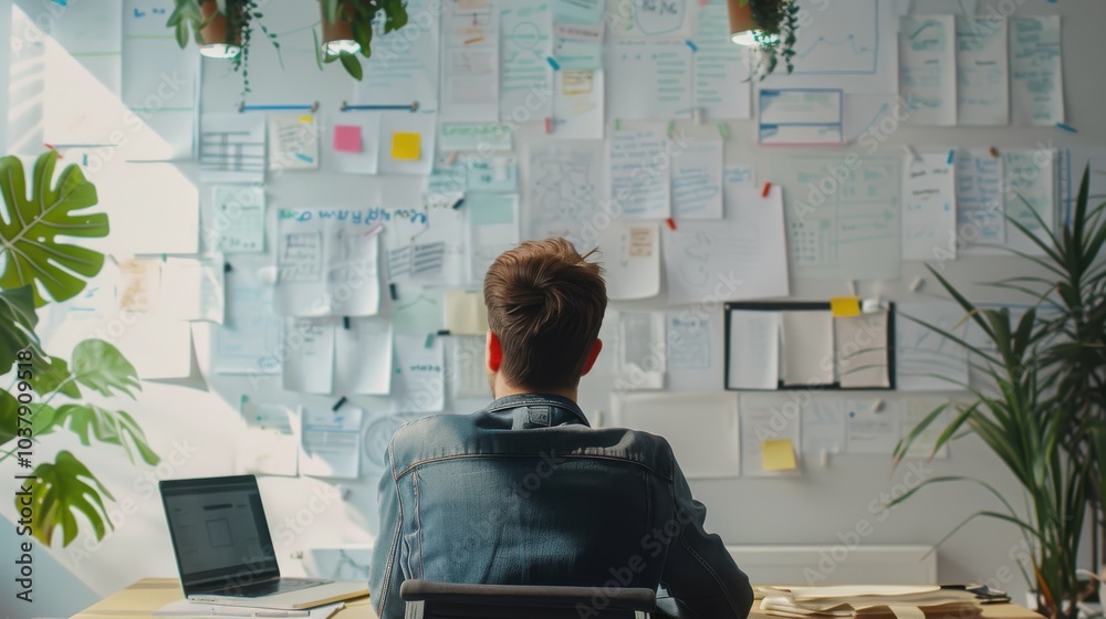 Poster office worker engaged in creative brainstorming at a modern startup during the afternoon, surrounded