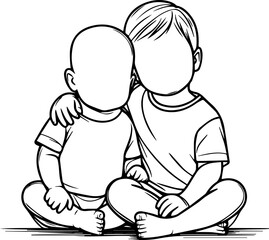 Black Line Art Cutie Baby Friendship Brotherhood Sitting Pose Hand Drawn Illustration