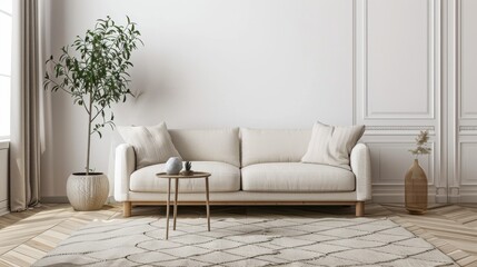 A white couch sits in a room with a white wall and a white rug. A potted plant sits on a table next to the couch