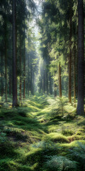 Obraz premium Paisagem florestal com raios de sol passando pelas árvores