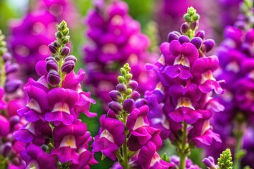 Vibrant pink snapdragon flowers with purple accents close-up