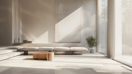 A white room with a couch and a potted plant. The room is very clean and has a minimalist design