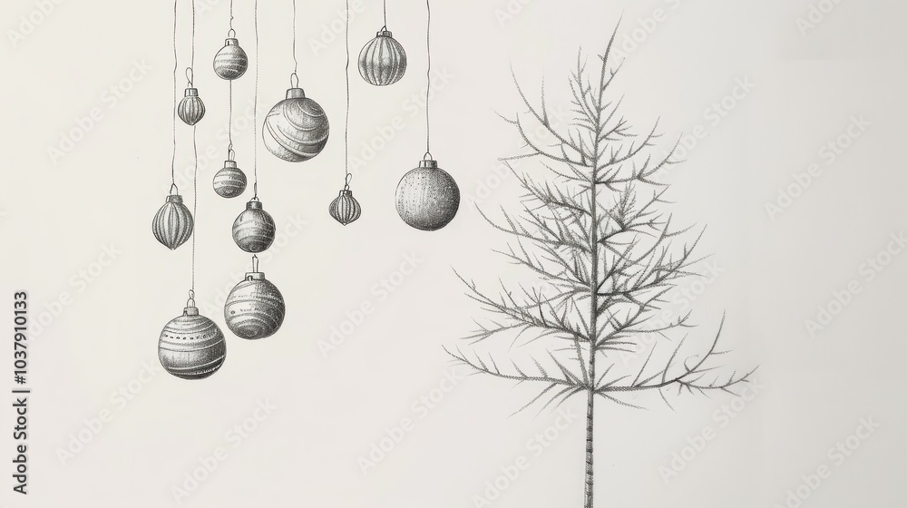 Poster a minimalist drawing of festive holiday ornaments hanging from a tree showcasing simple lines and jo