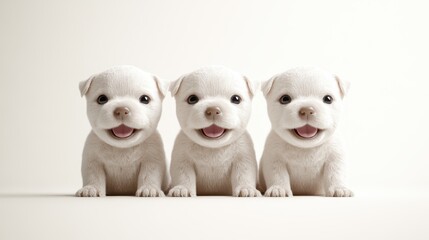 Naklejka premium Three adorable white puppies sitting together with happy expressions on a white background.