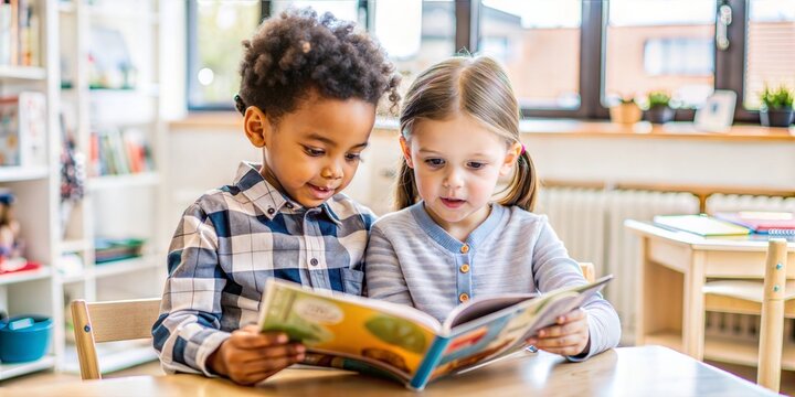 two Student in international preschool reading a magazine book together