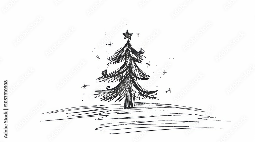 Aufkleber a minimalist drawing of a simple holiday card with a festive tree and stars capturing the essence of