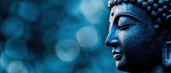 Serene close-up of a Buddha statue, highlighting details against a soft, blue background.