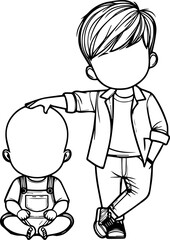 Black Line Art Cutie Baby Friendship Brotherhood Standing Pose Hand Drawn Illustration