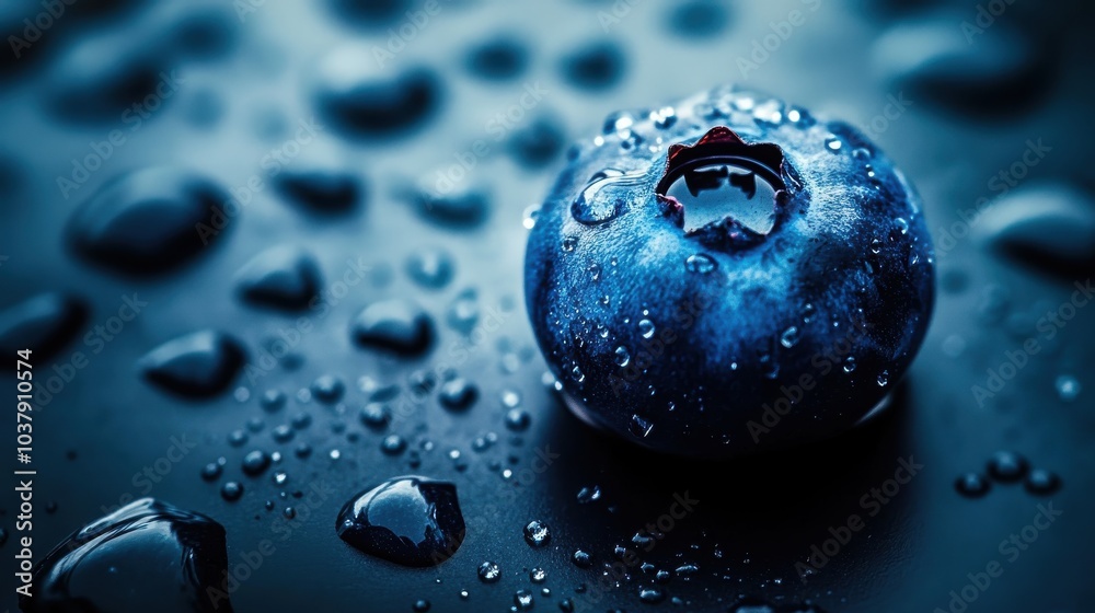 Poster close-up of a vibrant blueberry adorned with water droplets on a dark surface captured in stunning m