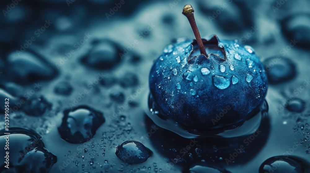 Poster a macro view of a single blueberry with water droplets highlighting its vibrant blue color and textu