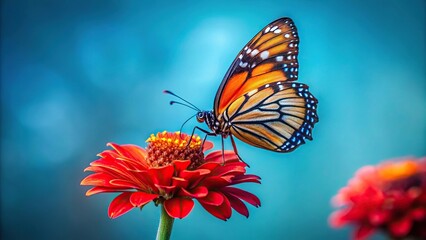 Fototapeta premium Orange and black butterfly on dark red flower with light blue background high angle view