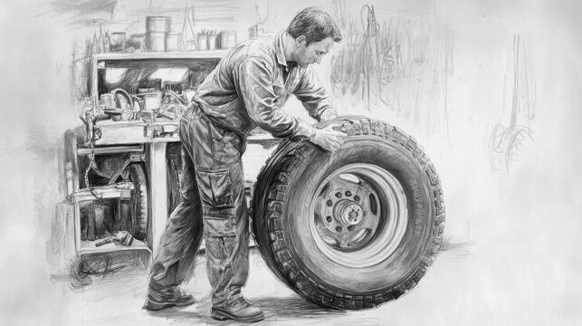 A mechanic efficiently rolls a tire to the service area in a busy automotive workshop during the day