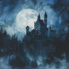 Gothic castle under full moon in misty forest