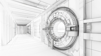 A sleek line drawing of a modern vault door symbolizes the security and assurance of digital banking in contemporary finance