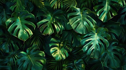 Fototapeta premium Tropical wallpaper featuring vibrant monstera leaves in a lush green pattern for a refreshing indoor ambiance