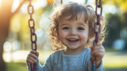 A young girl is smiling and holding onto a swing chain