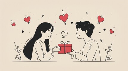 A couple joyfully exchanging Valentine's gifts in a warm and minimalistic line art design celebrating love and connection