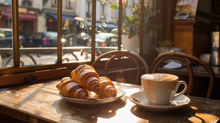 Enjoying a leisurely morning with coffee and croissants at a charming Parisian café in the warm sunlight