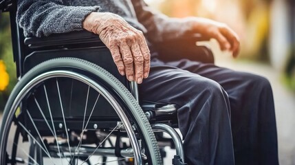 Obraz premium An elderly person's hand resting on a wheelchair, symbolizing mobility and care in aging, captured in natural light.