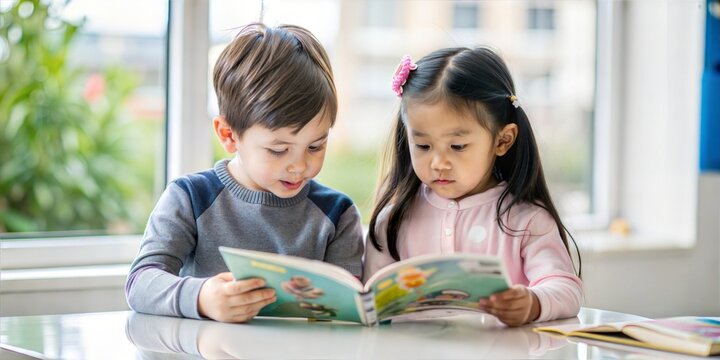 two Student in international preschool reading a magazine book together