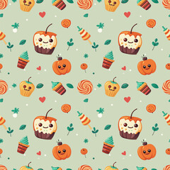 Adorable Pumpkins with Halloween Sweets, Vector style, seamless