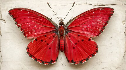 Stunning close up of a vibrant red exotic butterfly with intricate wing patterns on white backdrop