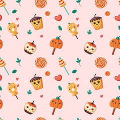 Cute Candies for Spooky Halloween, Vector style, seamless