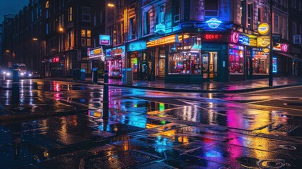 A neon lit city street with a wet sidewalk. The street is wet and the neon lights reflect on the water