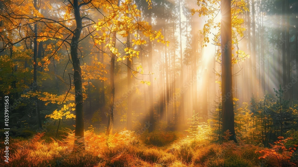 Poster Sunlight filters through a foggy forest in early morning, illuminating autumn foliage and creating a serene atmosphere