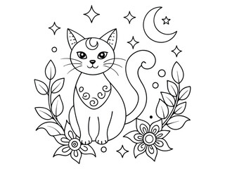 Cat and moon hand drawn for adult coloring book. Hand drawn coloring page with a cats on the roof.