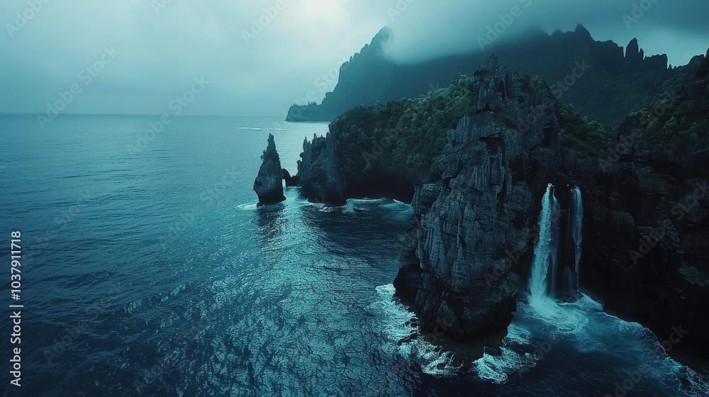 Poster a beautiful ocean view with a waterfall in the background. the water is calm and the sky is cloudy