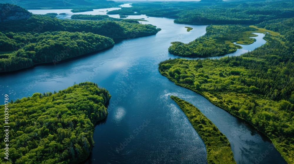 Poster A river with a green forest on both sides. The water is calm and clear. The sky is blue and there are no clouds