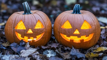 Fototapeta premium Two festive carved pumpkins glowing warmly amidst fallen autumn leaves.