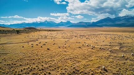 Drone view of expansive Patagonian sheep farms on the steppe with mountains in the distance
