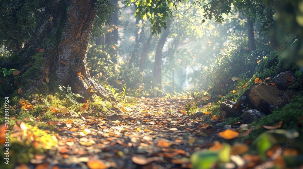 Poster A forest path with a tree in the middle. The leaves are falling and the path is covered in leaves