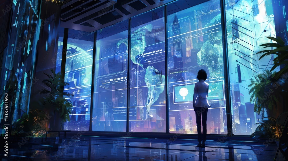 Poster corporate office worker analyzes global data trends in a high-tech workspace during the day in an ur