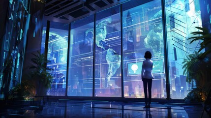 Corporate office worker analyzes global data trends in a high-tech workspace during the day in an urban environment