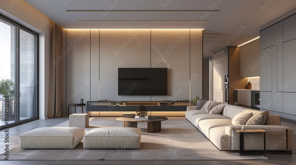 Poster a modern living room with a large flat screen tv and a couch. the room has a minimalist design with 