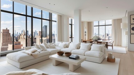 Fototapeta premium A large white living room with a view of the city. The room is filled with white furniture and has a modern design