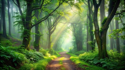 Naklejka premium Mystical forest pathway in morning mist with serene green nature