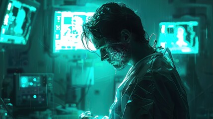 A man in a hospital room with a green screen behind him. He is wearing a lab coat and holding a cell phone