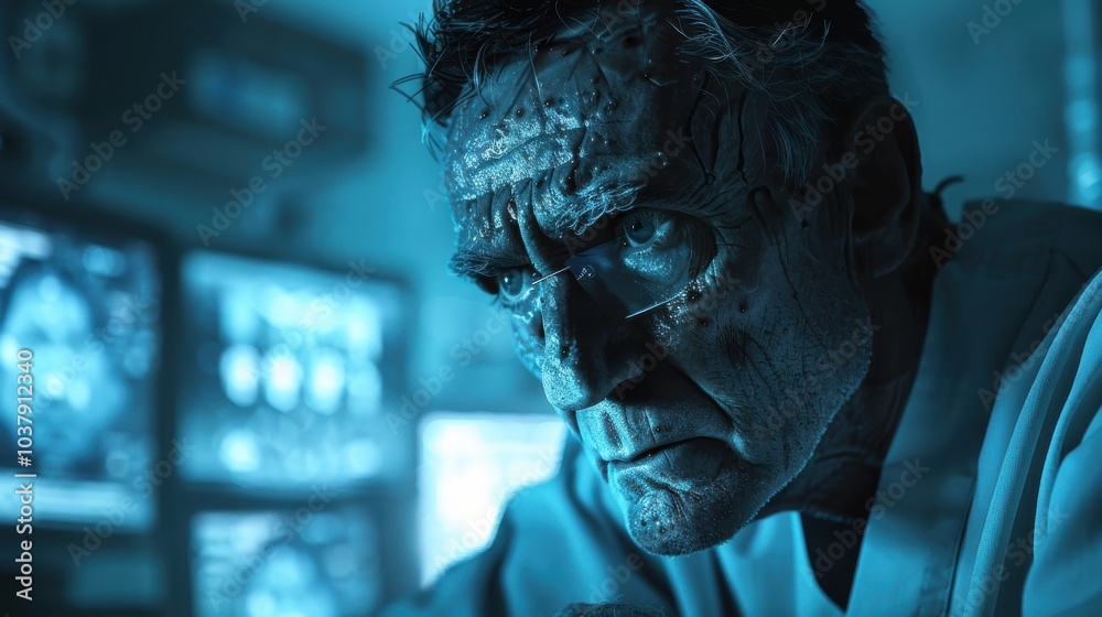 Poster a man with a face covered in scars and a mask on his face is staring at a computer screen