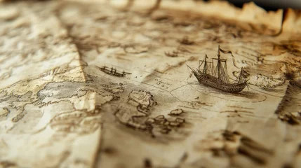 Close-up of an antique map depicting Columbus's voyage to the New World with intricate details and worn edges