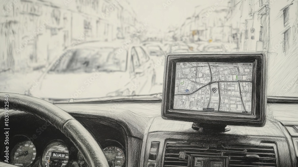 Poster a drawing of a car with a gps screen in the dashboard