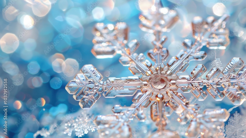 Poster A snowflake is floating in the air above a blue background. The snowflake is made of clear glass and has a shiny, reflective surface. The blue background adds a sense of calmness