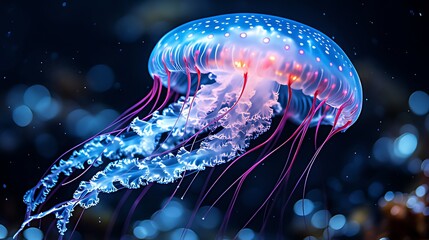 Obraz premium A bioluminescent jellyfish with pink and blue tentacles floats in dark blue water with bokeh lights in the background.