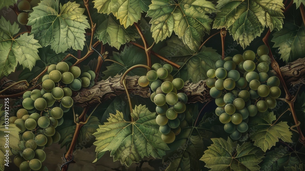 Poster a painting of green grapes on a vine. the grapes are clustered together and are green in color. the 