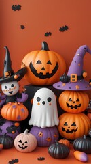 Colorful Halloween decorations with pumpkins and ghosts on an orange background.