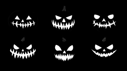 Obraz premium Set of spooky Halloween pumpkin faces in white on black background.